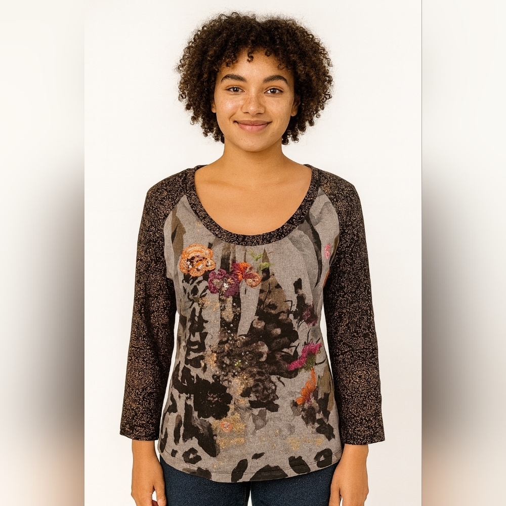 Alberto Makali Designer Luxury‎ Artsy Boho Embroidered Sequin Top Size Large